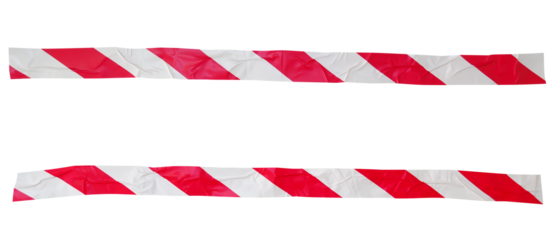Two long wrinkled red and white stripes tape in a cross, meaning warning barrier, caution tape, hazard, crime scene, danger, police line, design for decoration on transparent background