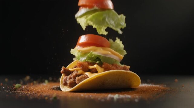 Taco Ingredients Dropping into Place in Slow Motion
