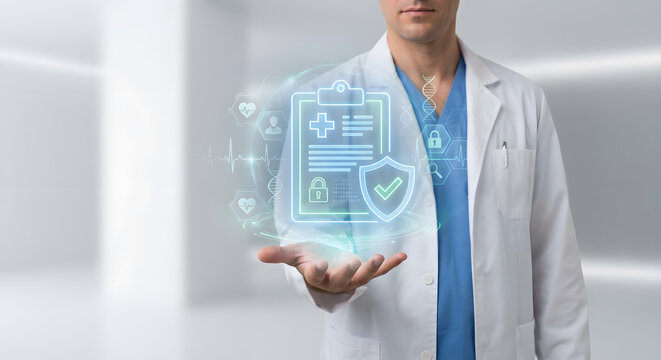 Medical professional in white coat with futuristic digital health icons representation