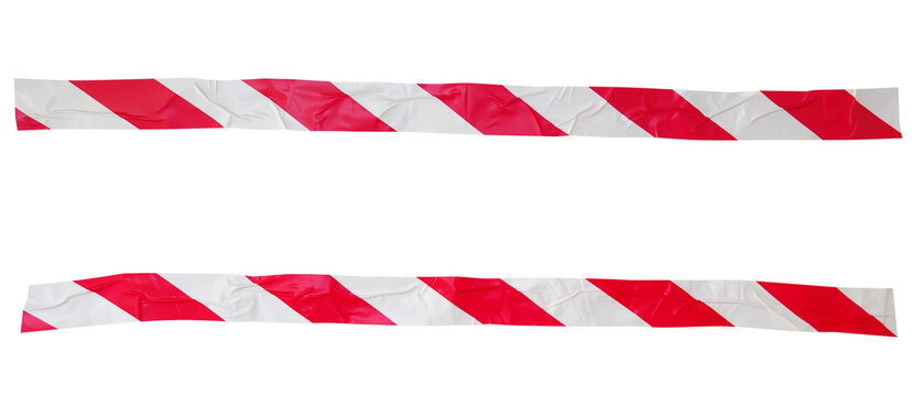 Two long wrinkled red and white stripes tape in a cross, meaning warning barrier, caution tape, hazard, crime scene, danger, police line, design for decoration on transparent background
