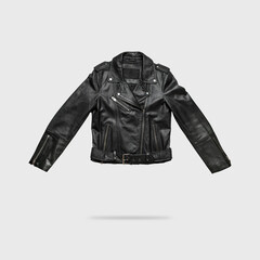 Black women's leather jacket isolated on gray background. Stylish zippered jacket with rivets made of genuine leather, cut out along contour. Clothing object for design, advertising, mockup