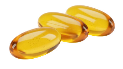 Three golden fish oil capsules isolated PNG, omega-3 supplement for health and wellness on...