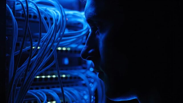 Close-up of a person's face illuminated by blue light from server racks, representing the implementation of edge computing solutions