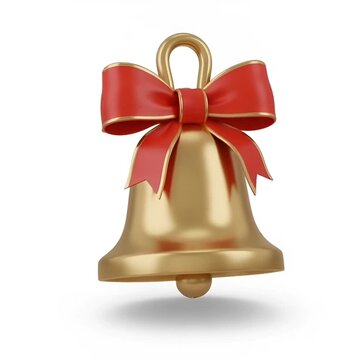 Shiny golden Christmas bell with a red ribbon bow isolated on a white background as a traditional holiday ornament for a festive winter celebration