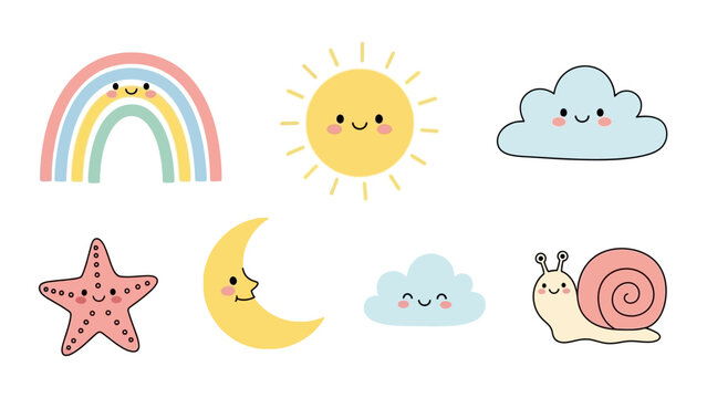 Cute kawaii doodle illustration set, pastel color palette, hand-drawn style