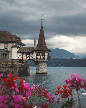 View of a historic castle with its pointed tower rising from the tranquil lake waters under a dramatic sky, Oberhofen am Thunersee, Bern, Switzerland.