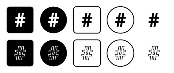Icon set of hash symbol. Filled, outline, black and white icons set, flat style.  Illustration on transparent background