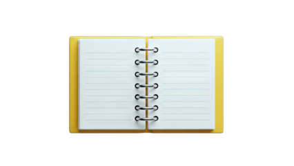 Open Yellow Notebook with Lined Pages on White Background