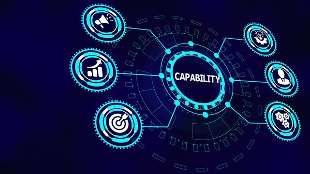 Business capability framework with digital icons representing organizational strength, analytics enablement, operational readiness, and performance execution.