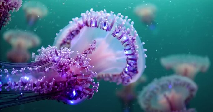 Alien Like Bioluminescent Siphonophore Chain Undulating in Teal Void with Soft Bokeh. Deep Underwater Life Concept.