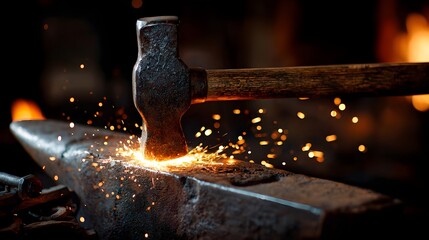 Blacksmith Hammer Strikes Hot Metal on Anvil with Sparks Flying.