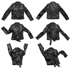 Black women's leather jacket isolated on white background. With clipping path. Cut out stylish zippered jacket with rivets made of genuine leather. Clothing object for design, advertising, mockup