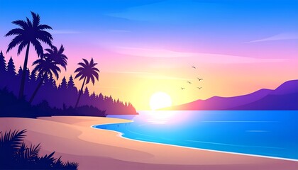 Animated sunset scene with beach, ocean, mountains, palm trees, and birds in flight, painted with soft gradients