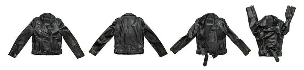 Black women's leather jacket isolated on white background. With clipping path. Cut out stylish zippered jacket with rivets made of genuine leather. Clothing object for design, advertising, mockup
