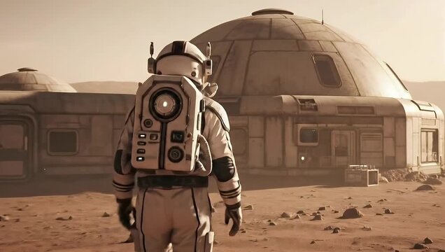 Astronaut walking across the desolate rocky surface towards a modular extraterrestrial habitat base