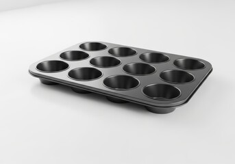 Twelve cup metal baking tray rests diagonally on a bright white surface
