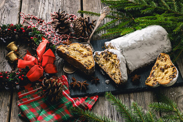 Stollen with filling of raisins, candied fruit