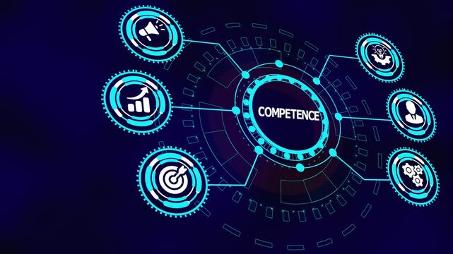 Business competence concept with digital icons representing expertise development, analytics accuracy, operational skill, and performance reliability.