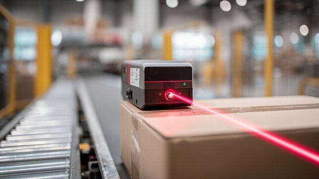 Precision laser scanning device projects vibrant red beam across cardboard package on automated conveyor system in modern industrial warehouse logistics center - Powered by Adobe