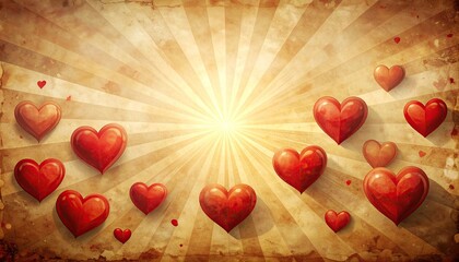 Vintage Romantic Red Hearts Scattered on Textured Grunge Background with Sunburst.