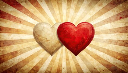 Two Vintage Hearts United on a Retro Sunburst Background Symbolizing Love and Romance.