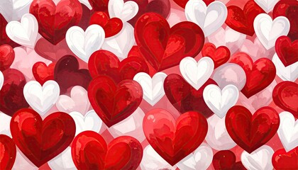 A vibrant and romantic background filled with layered red and white hearts.