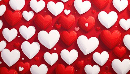 A vibrant seamless pattern featuring a delightful arrangement of red and white 3D hearts.