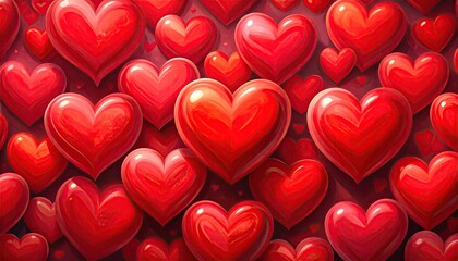 A vibrant and textured background filled with numerous glossy red hearts symbolizing love and romance for Valentines Day.