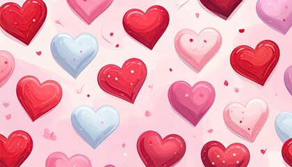 Seamless pattern of colorful heart shapes in red pink and blue for celebration.