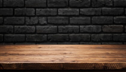 Rustic wood table against black brick wall background