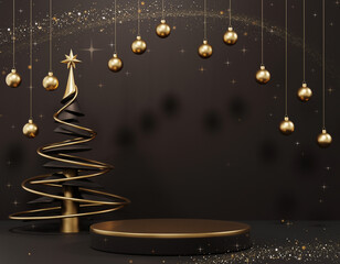 Brązowe, świąteczne tło z choinką i bombkami