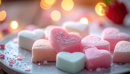 Assortment of heart shaped candies in pastel colors on a decorative plate with bokeh lights.