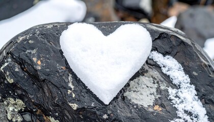 A Heart Shaped Snow Sculpture Resting on a Dark Textured Rock.