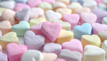 Close up of pastel colored heart shaped candies for Valentines Day celebration.