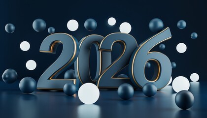 Three Dimensional Numerals 2026 Floating Amidst Dark Blue and White Spheres