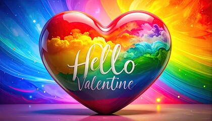 Vibrant rainbow heart with Hello Valentine text and colorful abstract background.