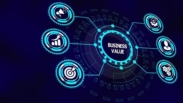 Business value concept with digital interface icons illustrating strategic impact, analytics measurement, performance optimization, and financial relevance.