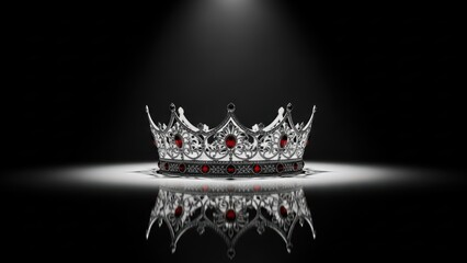 Ornate silver crown with red gems on reflective surface illuminated in spotlight
