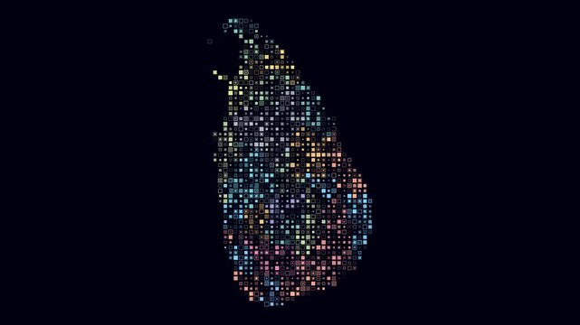 Sri Lanka animated country shape. Pulsating colored dots on the map of the country. Small size square blocks. Digital style Sri Lanka map on dark background. Trending animation video.