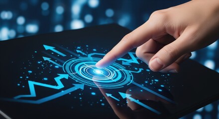 Futuristic hand taps glowing digital target on high-tech screen