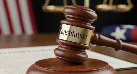 Wooden gavel on constitution document: symbol of law and justice