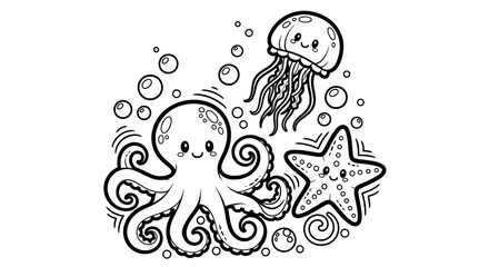 Cartoon illustration of a happy octopus, jellyfish, and starfish in an underwater scene filled with bubbles