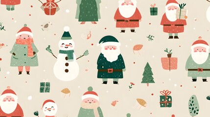 Charming Christmas Pattern Featuring Santa Claus and Snowmen Characters.