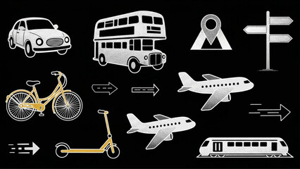 Transport Vehicles Halftone Collage Cutout Elements with Modern Retro Mixed Media Vector Style on Black Background