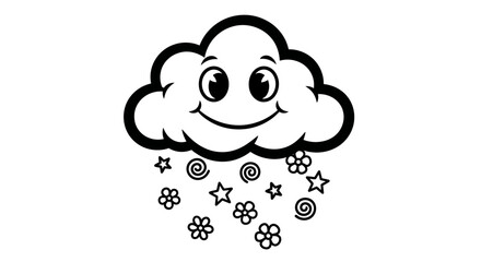A cheerful cartoon cloud with a smiling face raining colorful stars and flowers in a whimsical design