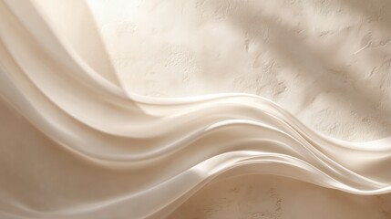Obraz premium Abstract background of a pristine beige plaster wall, fine texture. Soft, blurry, wave-like shadows of a sheer white curtain blowing in the wind. 