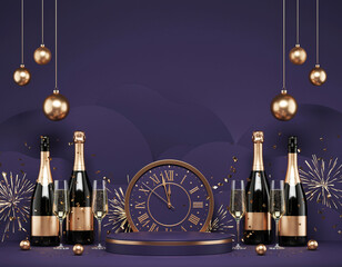 Fioletowo-złote tło sylwestrowe z butelkami szampana, kieliszkami, bombkami, fajerwerkami i zegarem wskazującym p&oacute;łnoc