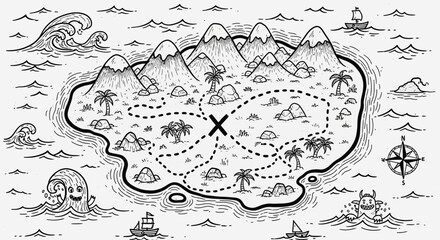 A whimsical treasure map featuring an island with mountains, waves, and sailing ships © Apolobay