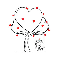 Whimsical Illustration of a Romantic Couple on a Heart-Shaped Tree Swing Adorned with Red Hearts, Symbolizing Love and Romance, Perfect for Valentine s Day or Anniversary Cards and Gifts