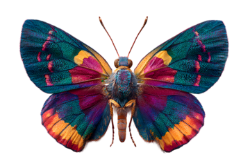A visually striking close-up of a vibrant, iridescent butterfly with colorful wings